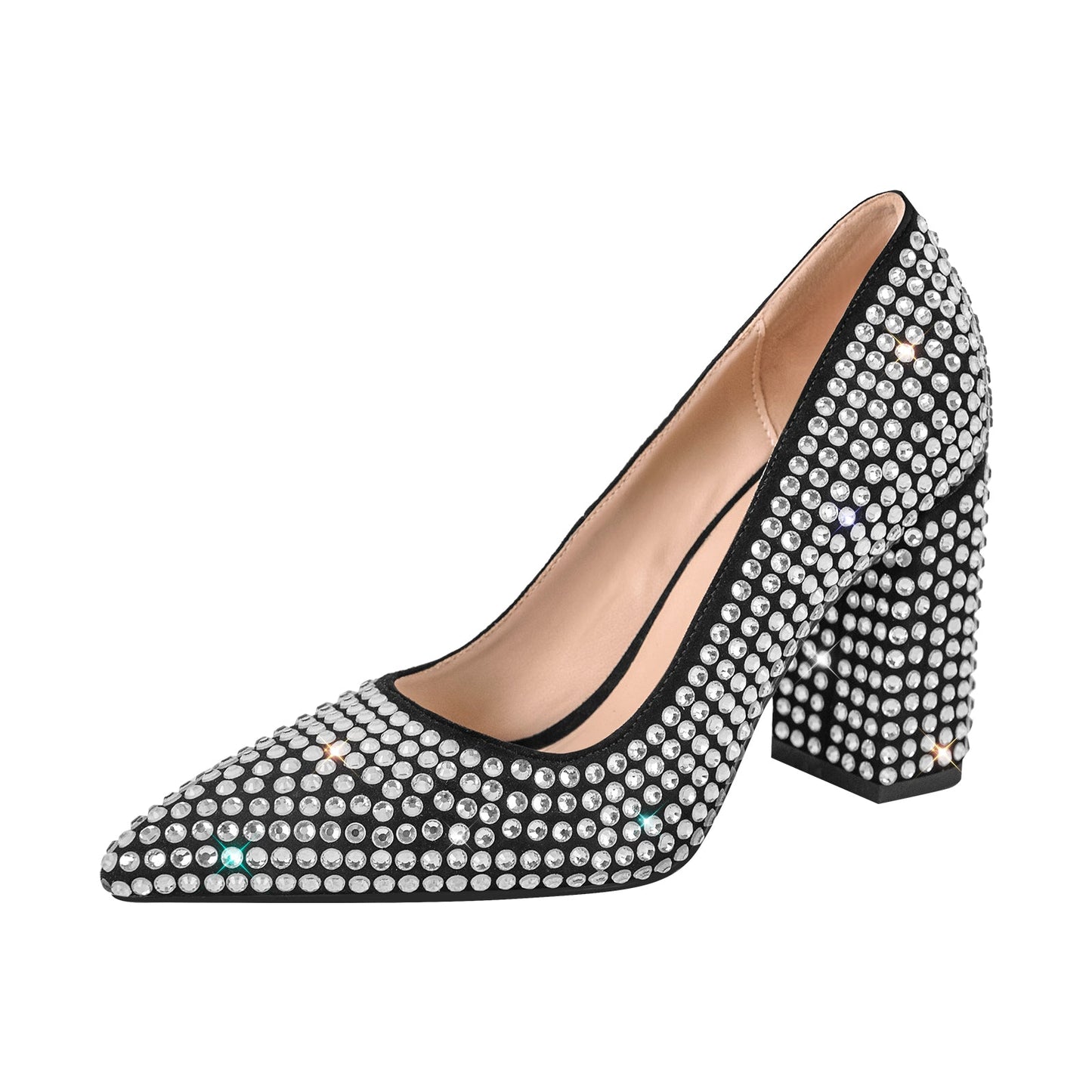 Rhinestone Pointed Toe Chunky Heel Pumps