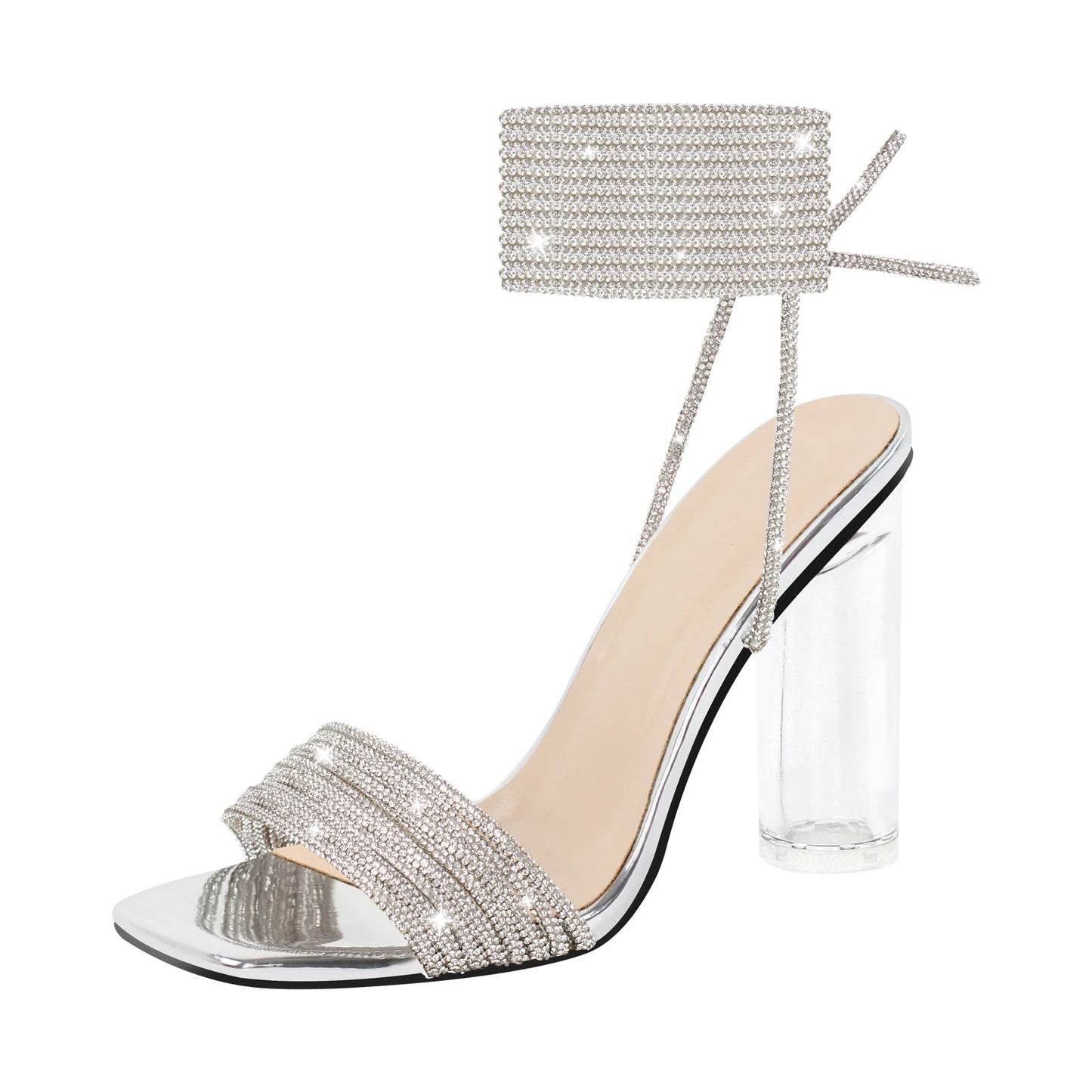 Strap Rhinestone Clear Chunky Heel Lace-up Sandals