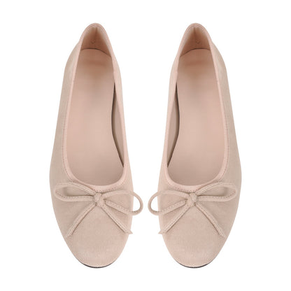 Bow Round Toe Suede Natural Ballet Flats