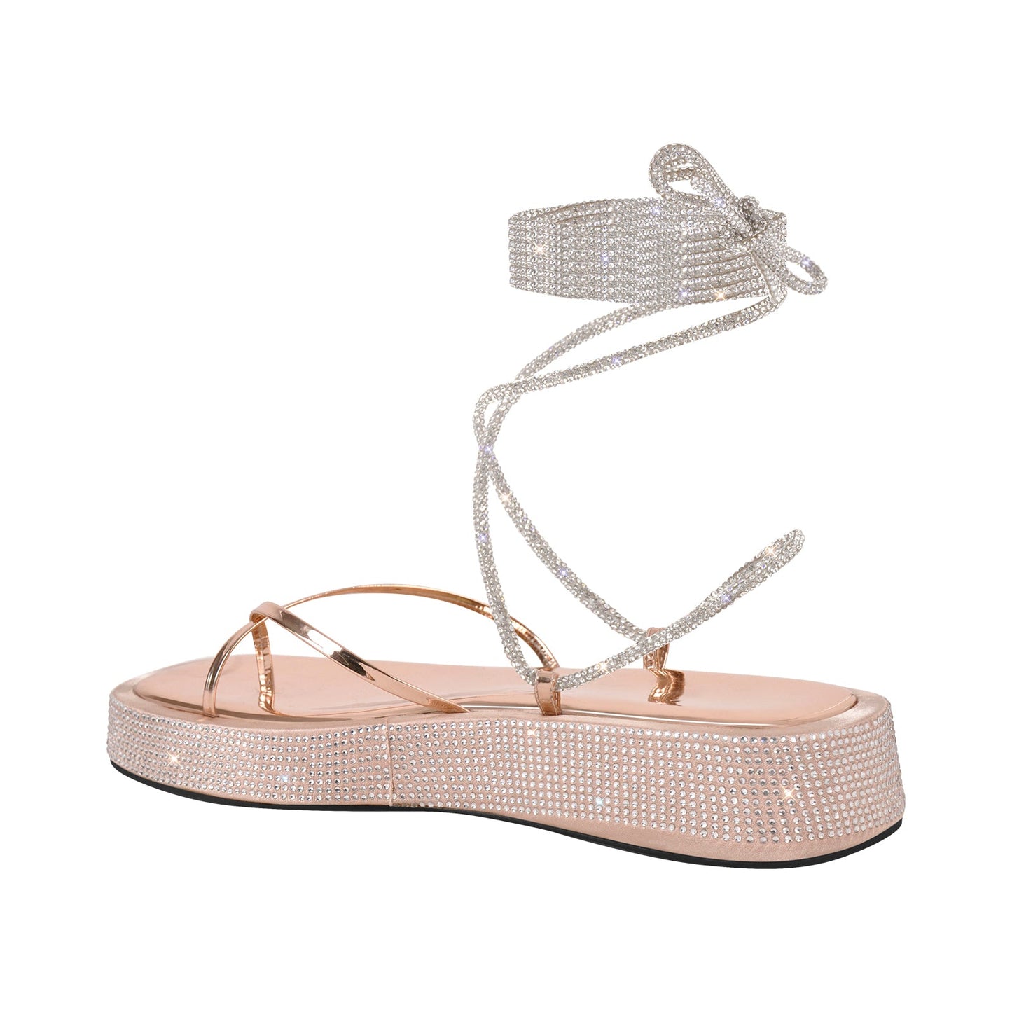 Onlymaker Flats Rhinestone Platform Lace-up Strap Sandals