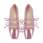 Square Toe Bow Strap Metallic Flats