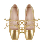Square Toe Bow Strap Metallic Flats