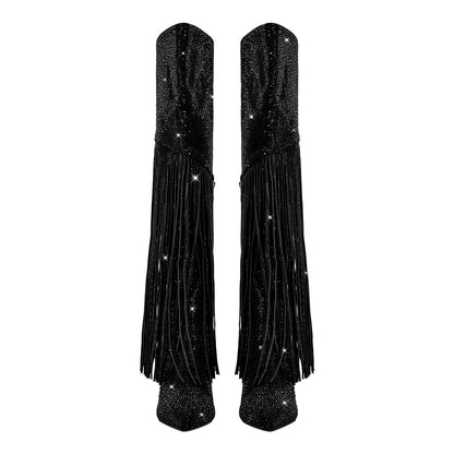 Pointed Toe  Rhinestone Tassels Over The Knee Boots