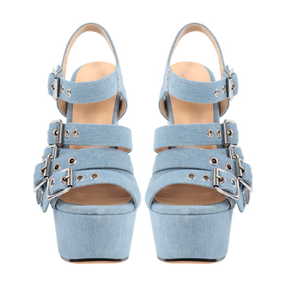 Denim Platform Wedge Heel Buckle Strap Sandals