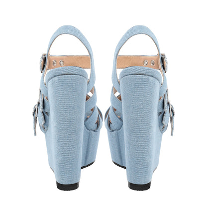 Denim Platform Wedge Heel Buckle Strap Sandals