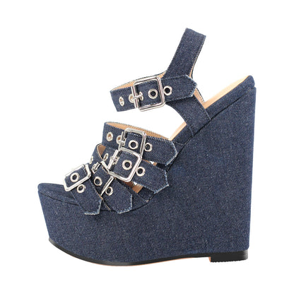 Denim Platform Wedge Heel Buckle Strap Sandals