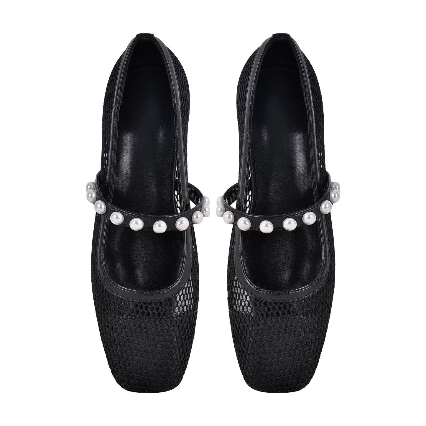 Square Toe Pearl Belt Mesh Flats