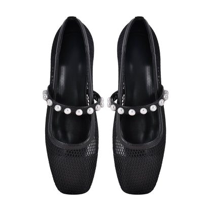 Square Toe Pearl Belt Mesh Flats