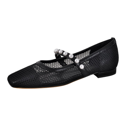 Square Toe Pearl Belt Mesh Flats