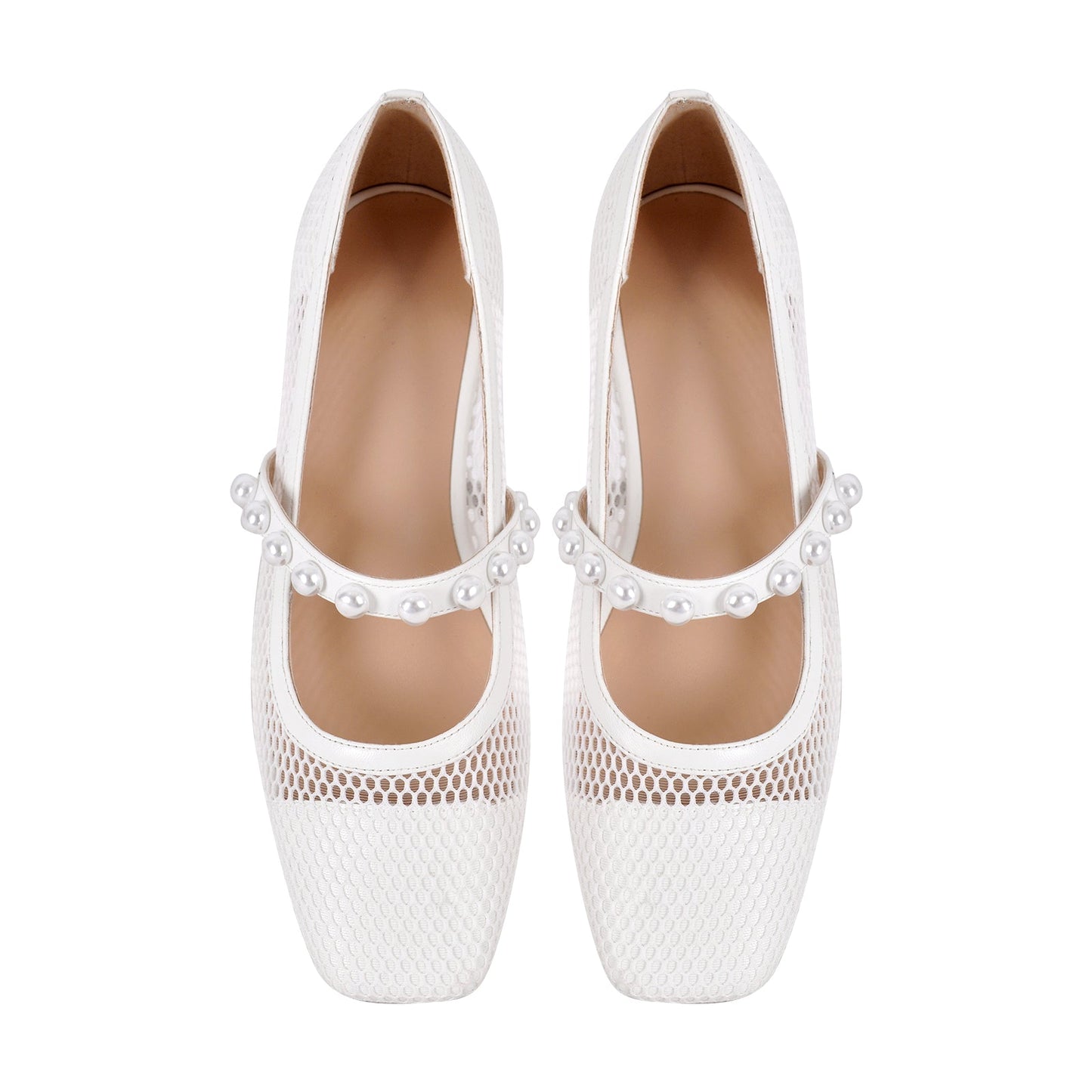 Square Toe Pearl Belt Mesh Flats