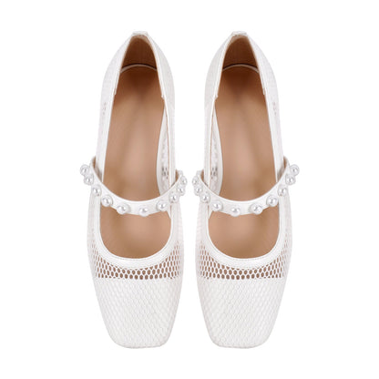 Square Toe Pearl Belt Mesh Flats