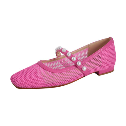 Square Toe Pearl Belt Mesh Flats