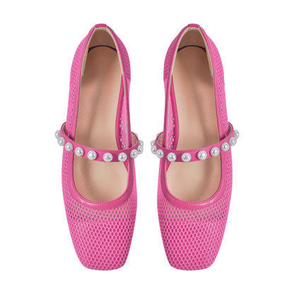 Square Toe Pearl Belt Mesh Flats