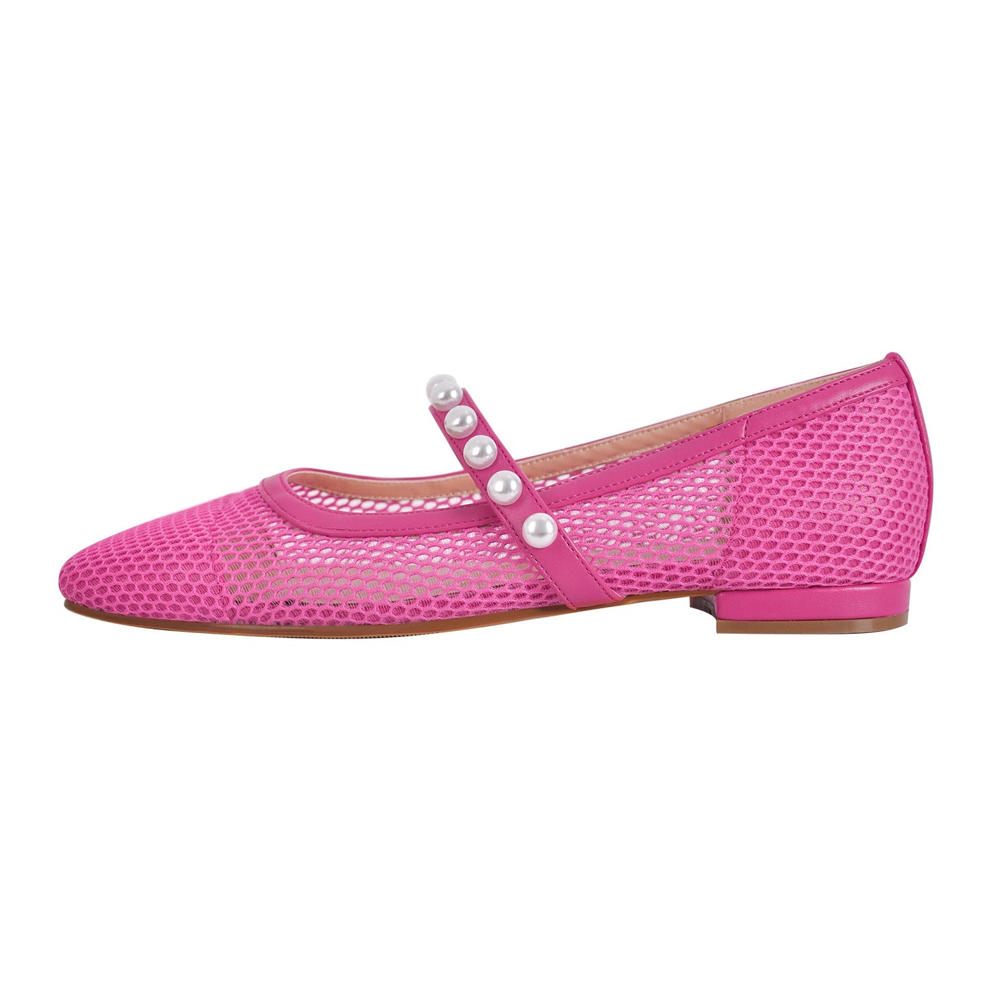 Square Toe Pearl Belt Mesh Flats