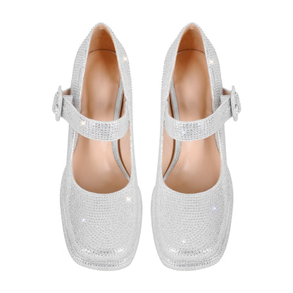 Rhinestone Square Toe Mary Jane Pumps