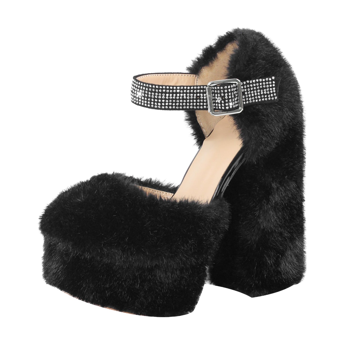 Chunky Heel Ankle Strap Fur Mary Jane Pumps