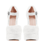 Chunky Heel Ankle Strap Fur Mary Jane Pumps
