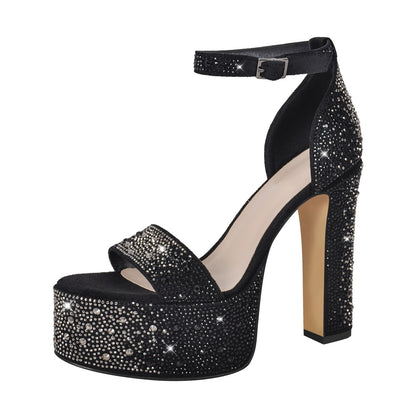 Rhinestone Round Toe Platform Ankle Strap Sandals