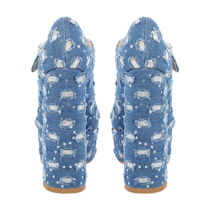 Denim Round Toe Platform Chunky Heels Pumps