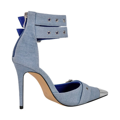 Pointed Metal Toe Stiletto Double Ankle Strap Denim Pumps