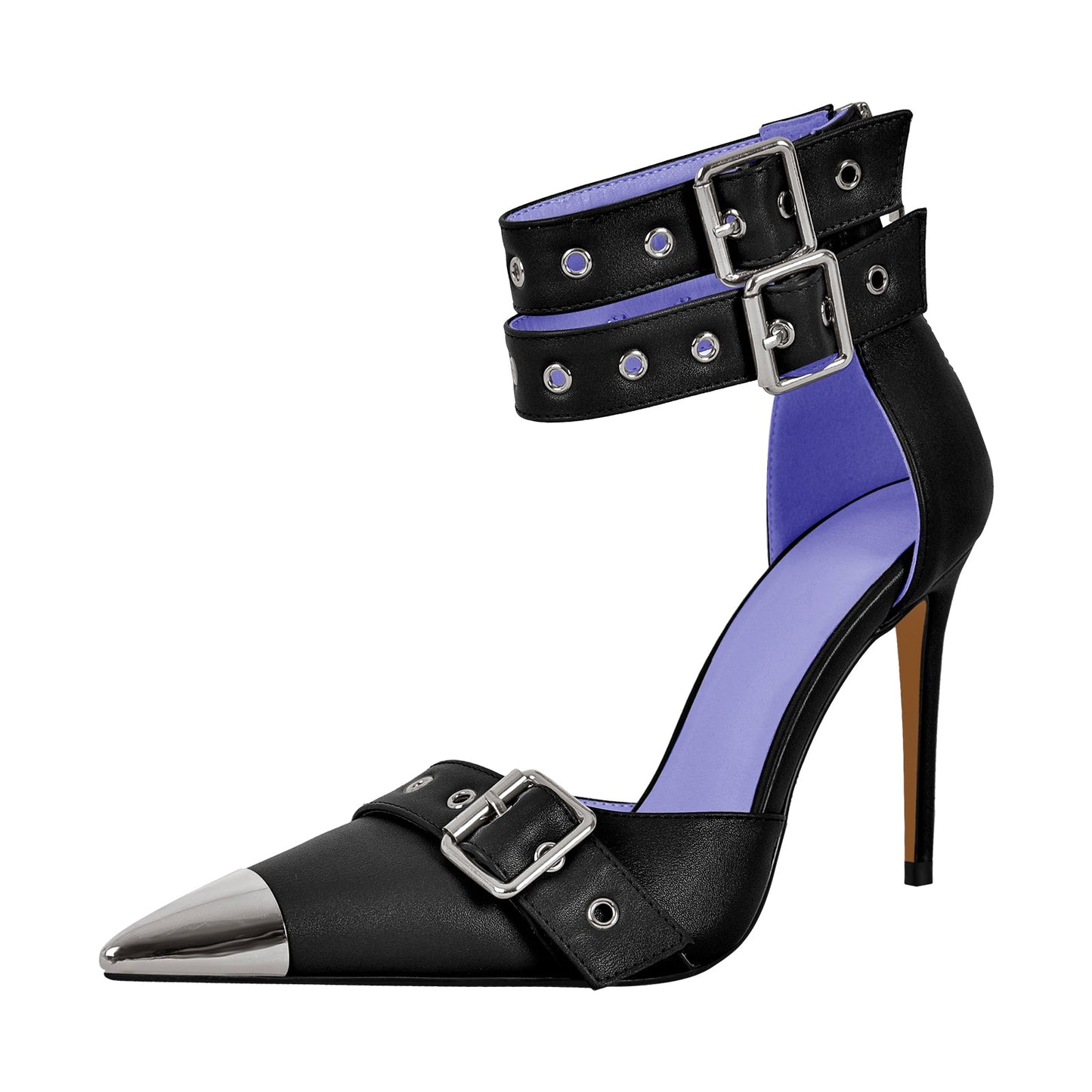 Pointed Metal Toe Stiletto Double Ankle Strap Denim Pumps