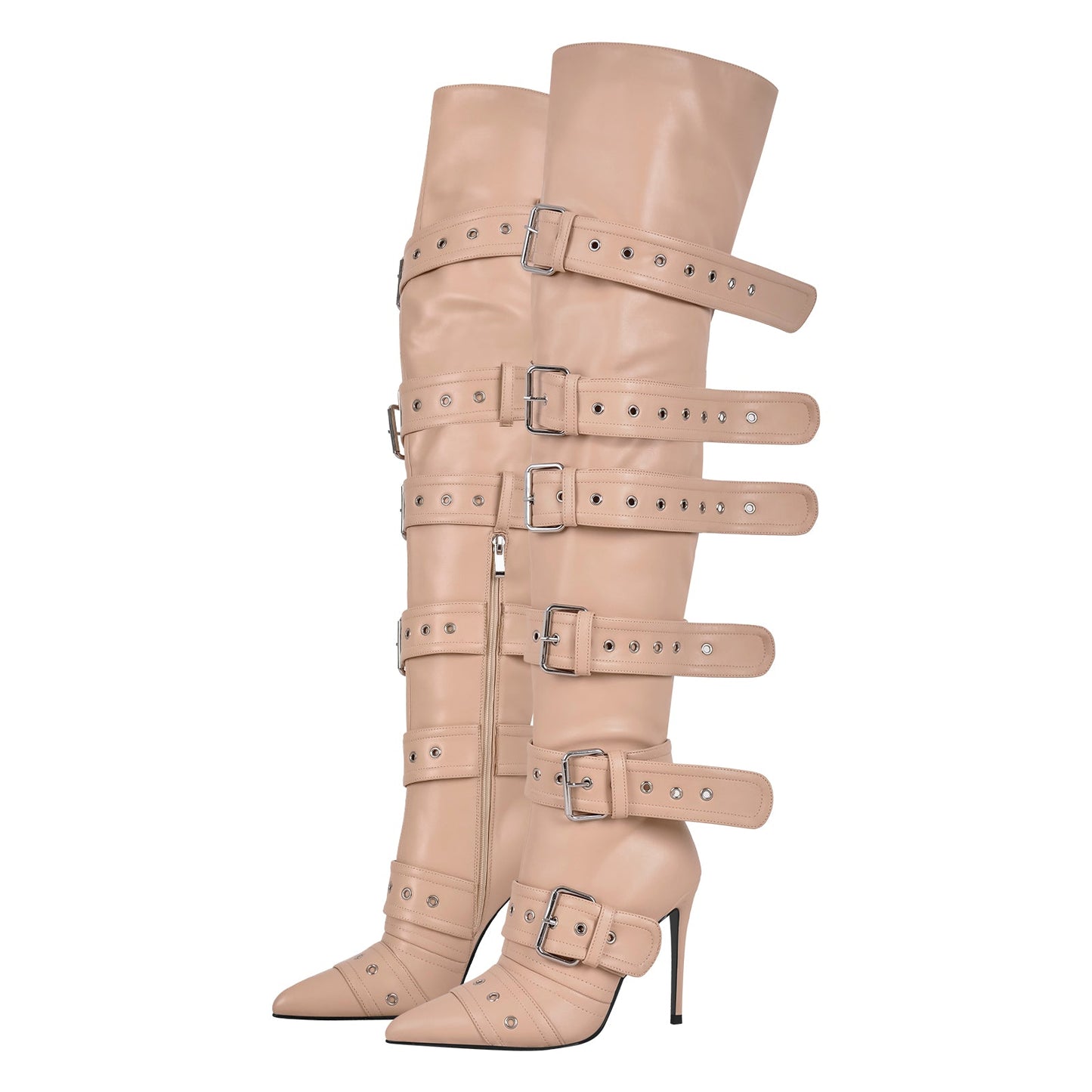 Multi Buckle Strap Thigh High Pointed Toe Stiletto Boots