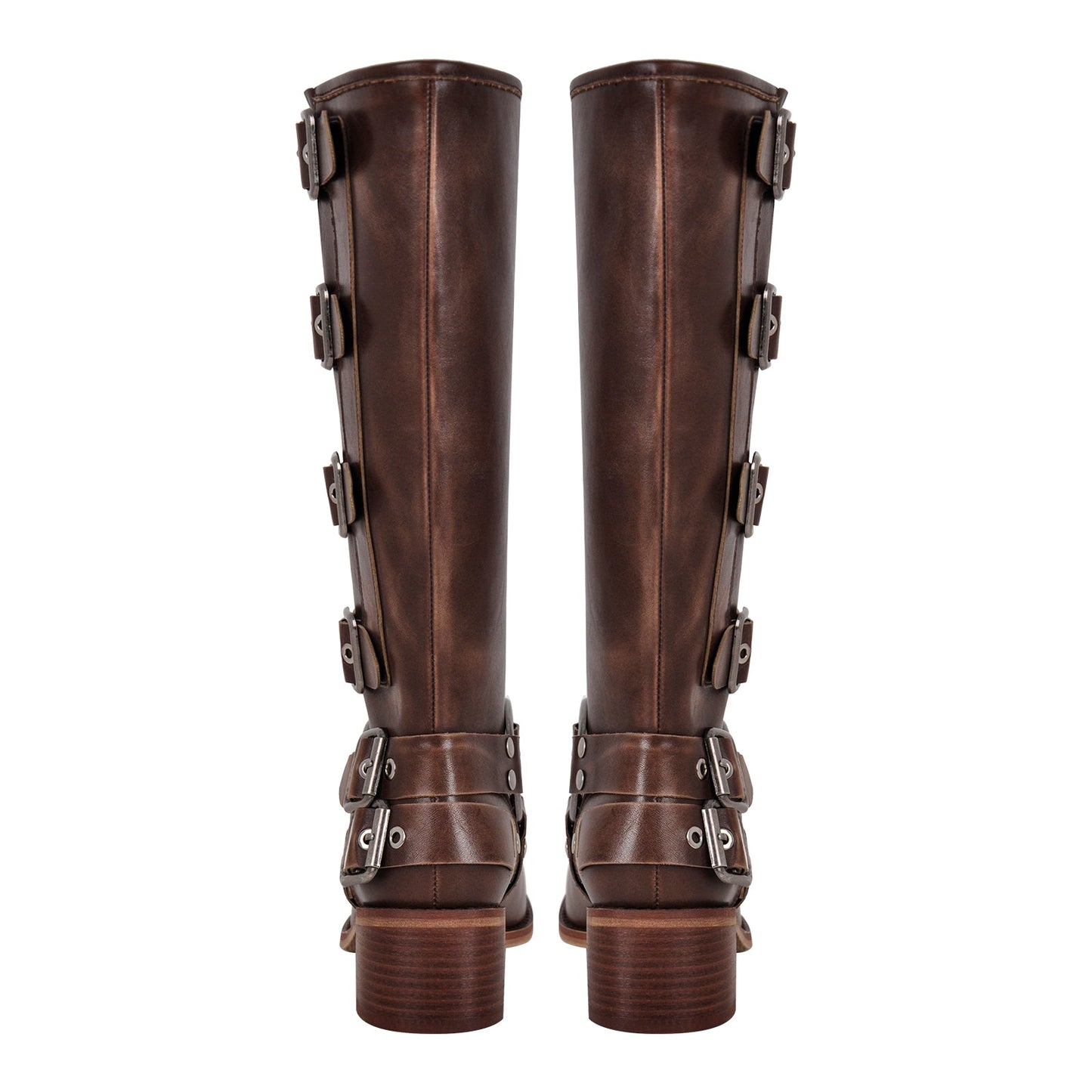 Round Toe Chunky Heel Buckle Strap Western Knee-High Boots