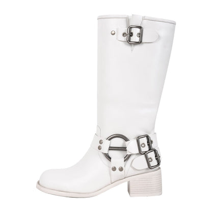 Square Toe Buckle Knee High Western Boots