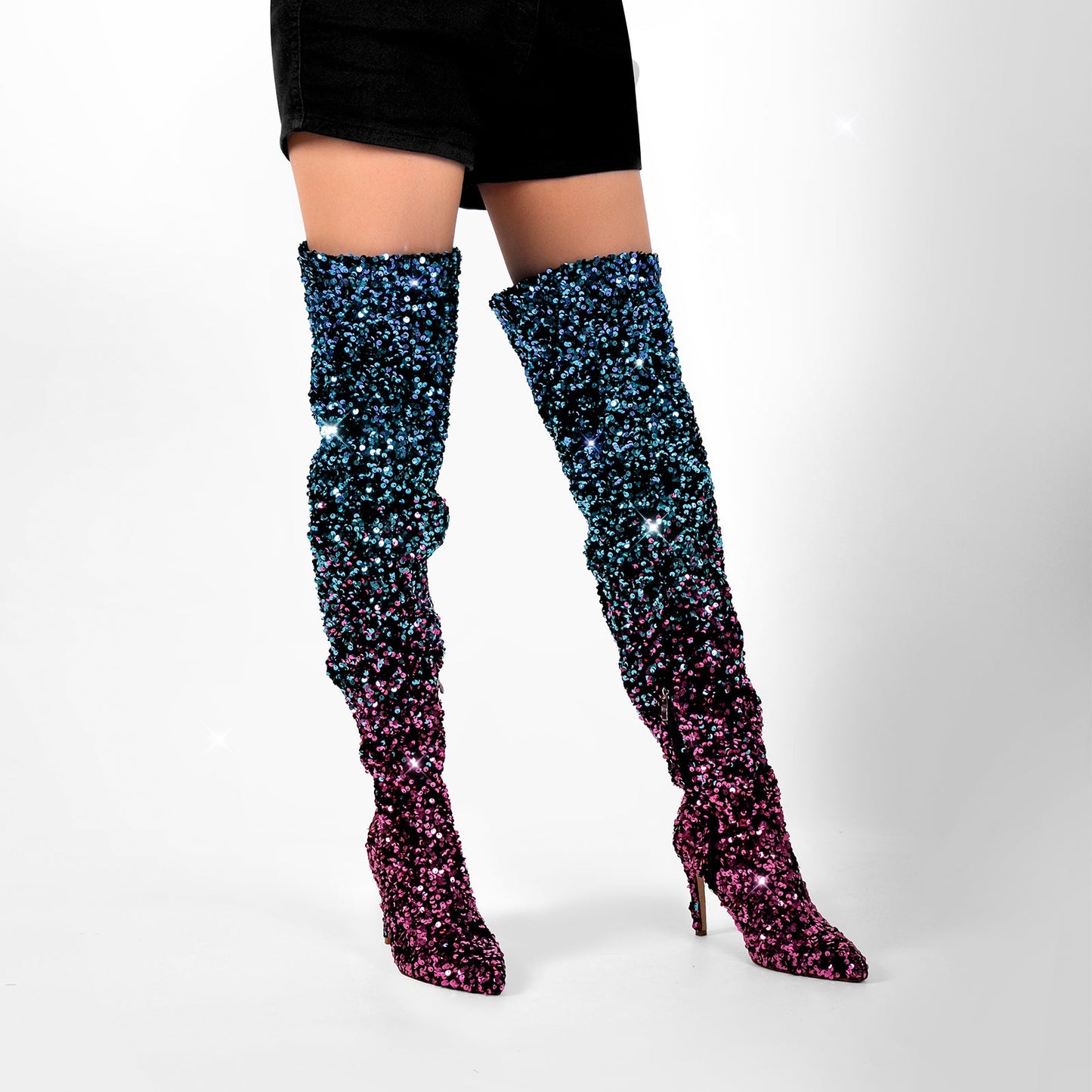 Sequins Gradient Color Pointed Toe Thigh High Stiletto Boots