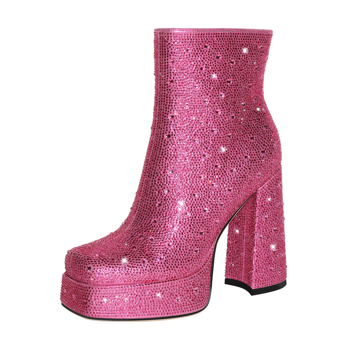 Rhinestone Platform Square Toe Chunky High Heels Ankle Boots