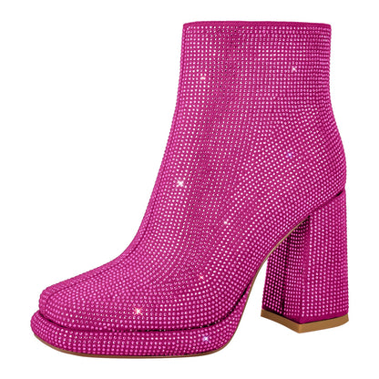 Square Toe Rhinestone Platform Ankle Boots