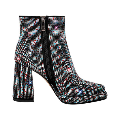 Square Toe Rhinestone Platform Ankle Boots