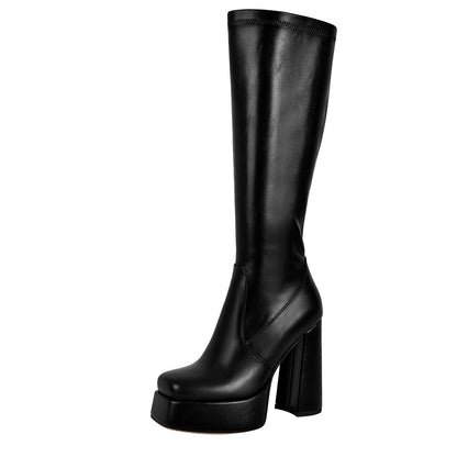 Square Toe Platform Chunky Heel Knee High Boots