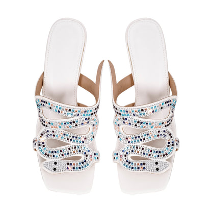 Rhinestone Strap Square Toe High Heel Sandals