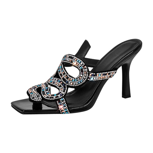 Rhinestone Strap Square Toe High Heel Sandals