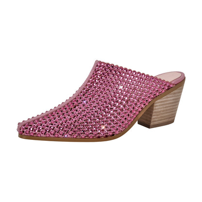 Rhinestone Wooden Chunky Heel Mules