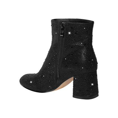 Round Toe Rhinestone Chunky Ankle Boots