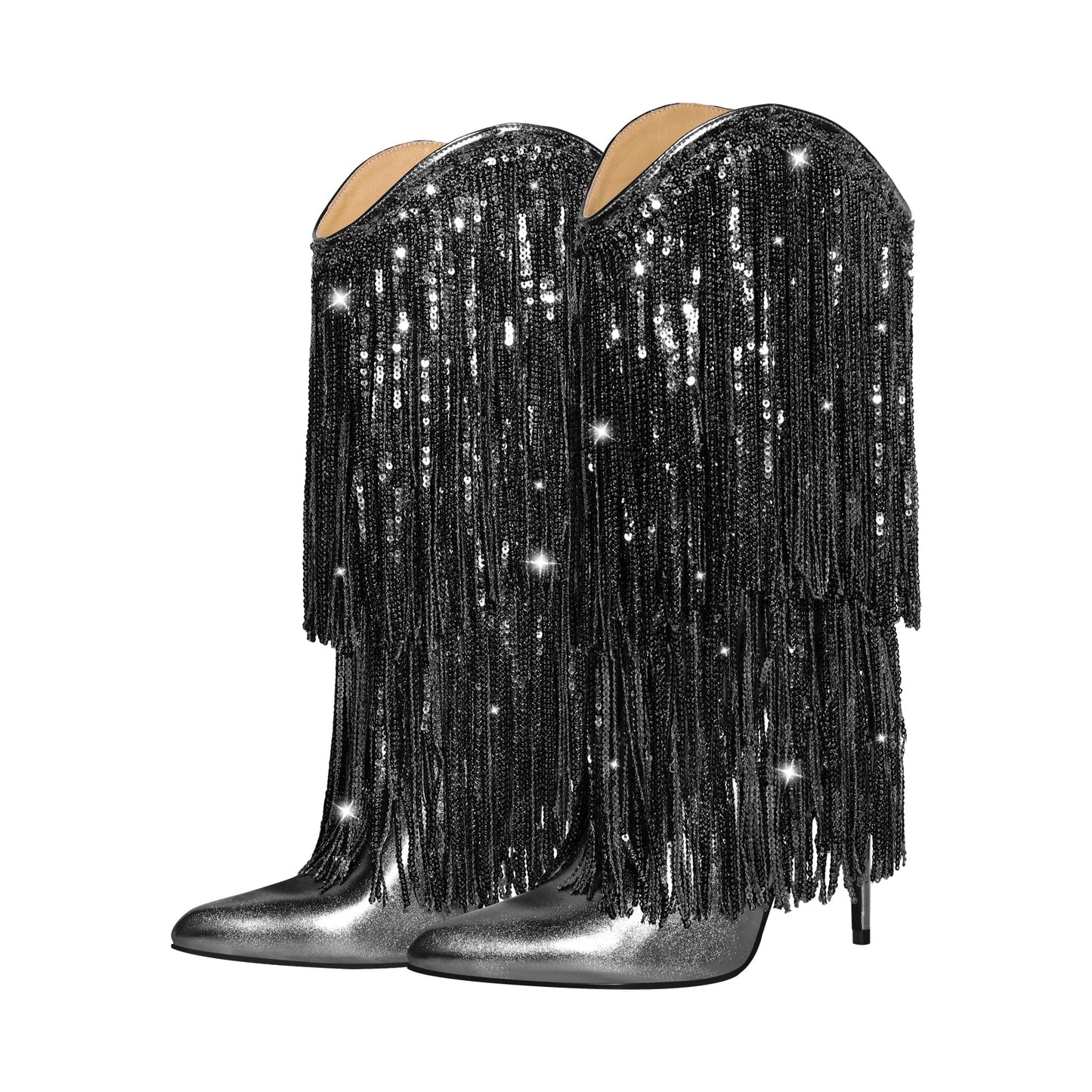 Pointed Toe Stilettos Sequin Fringe Boots