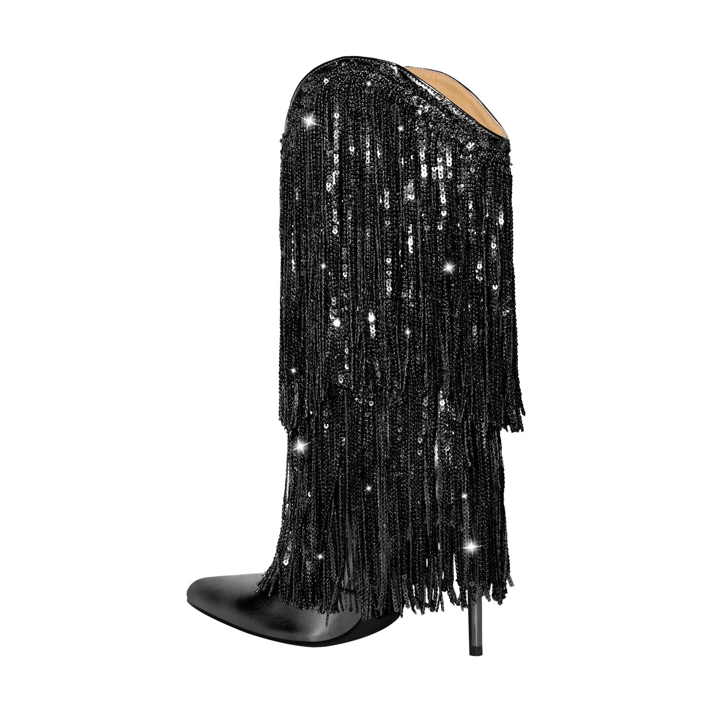 Pointed Toe Stilettos Sequin Fringe Boots