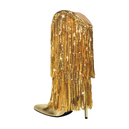 Pointed Toe Stilettos Sequin Fringe Boots