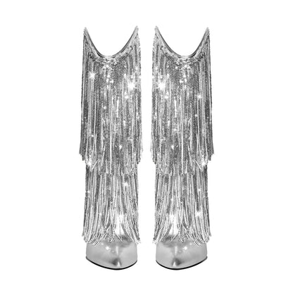 Pointed Toe Stilettos Sequin Fringe Boots