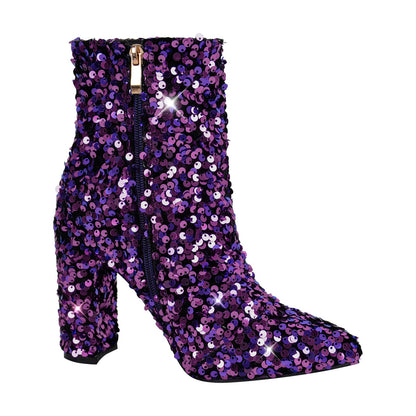 Sequin Pointed Toe Chunky Heel Ankle Boots