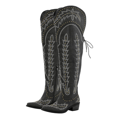 Studded Embroidered Over The Knee Western Boots