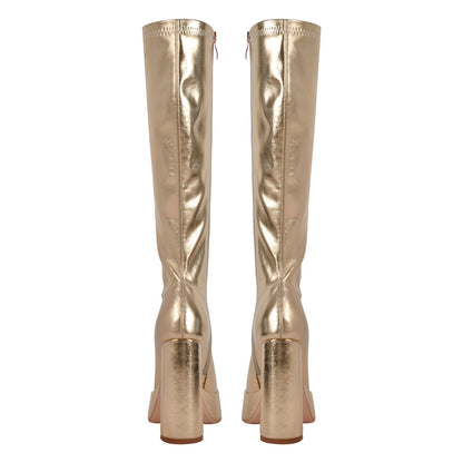 Metallic Leather Platform Chunky Heel Knee High Boots