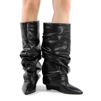 Black Pointed Toe Wedge Fold Over Knee Boots