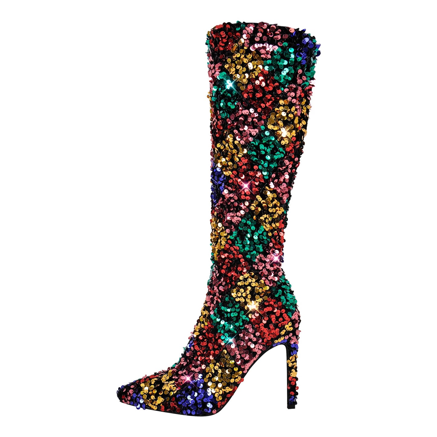 Sequins Pointed Toe Stiletto Knee Boots