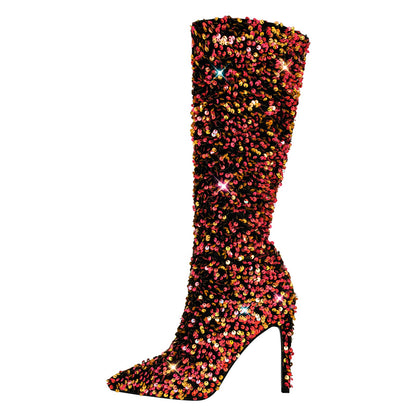 Sequins Pointed Toe Stiletto Knee Boots