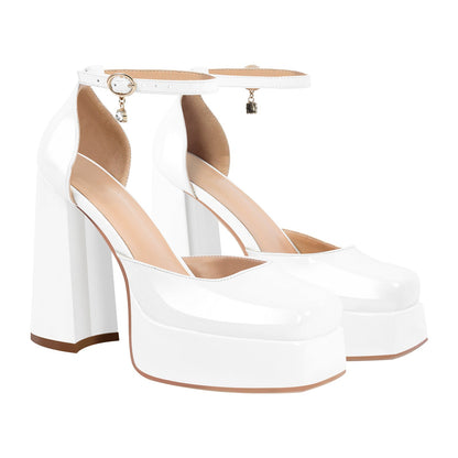 Square Toe Ankle Straps Platform Chunky Heel Pumps