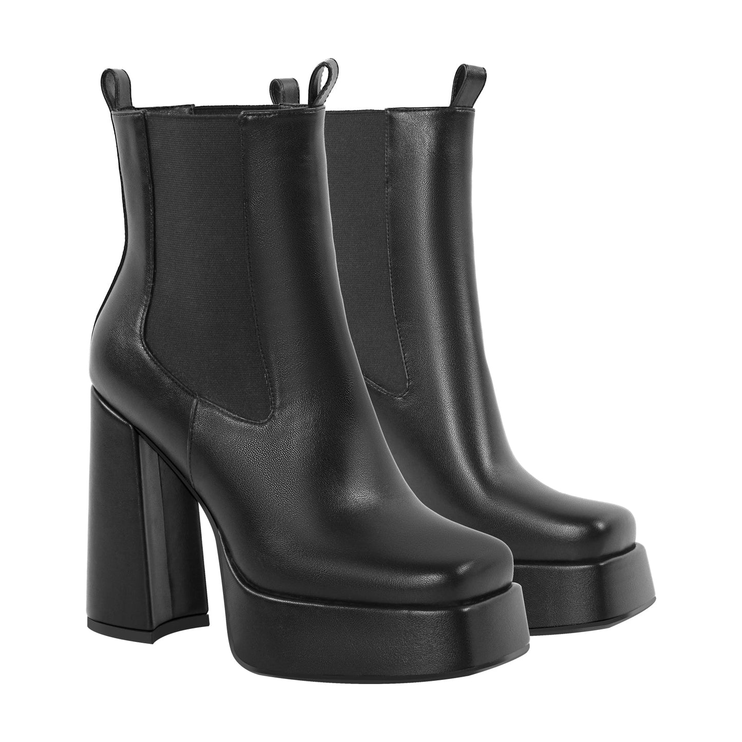 Black Square Toe Platform Chunky Heel Ankle Boots