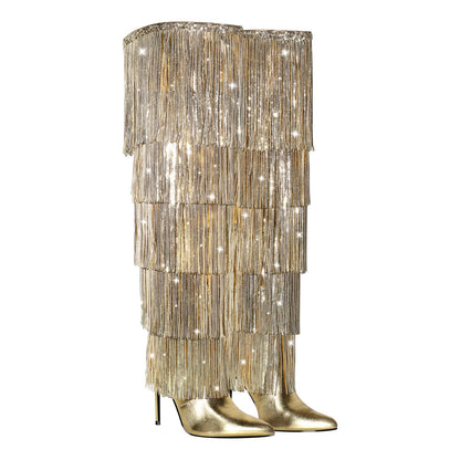 Pointed Toe Stiletto Fringe Metallic Over The Knee Boots